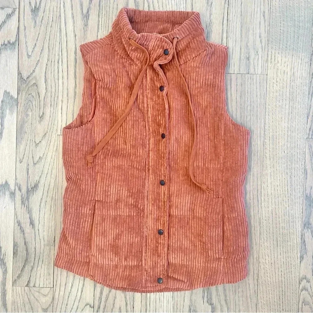 Staccato On the Go Corduroy Dark Orange Puffer Vest Zip Snap Front Size Small